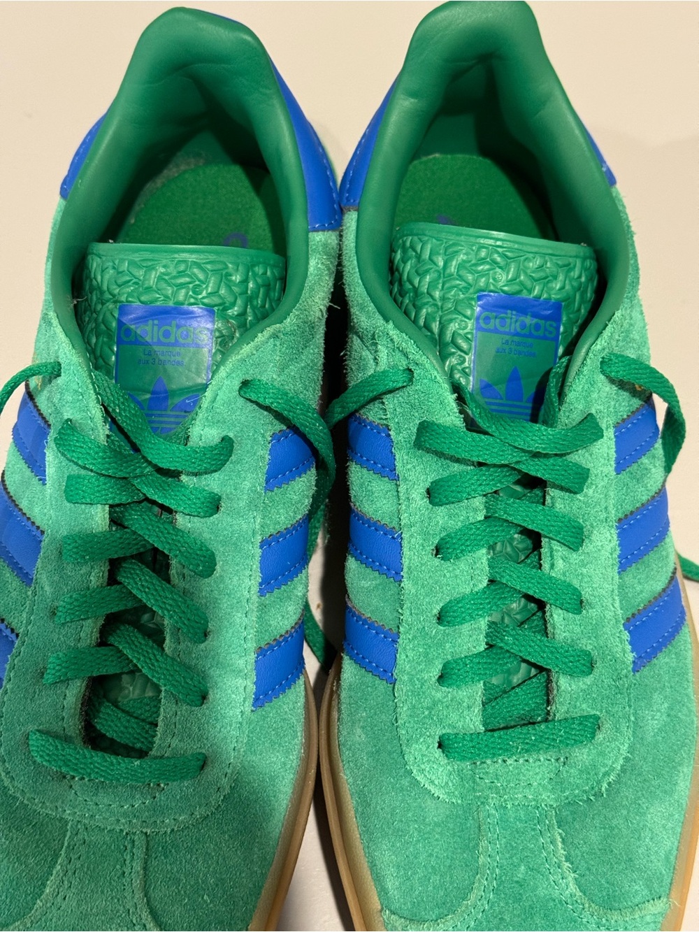 Adidas Gazelles Green Suede Women’s platform Sneakers with Blue Stripes - Picture 8 of 10